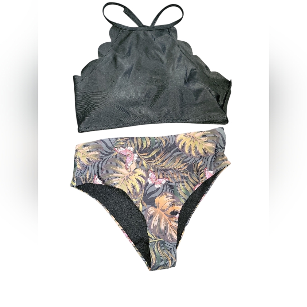 Shein Black Scallop Bikini Top with Tropical Print Bottom SZ L